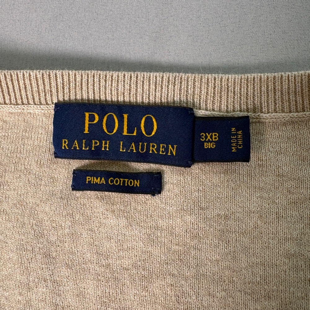 Polo Ralph Lauren Pima Cotton V-Neck Sweater Vest Beige 3XB Big Mens - Picture 2 of 8